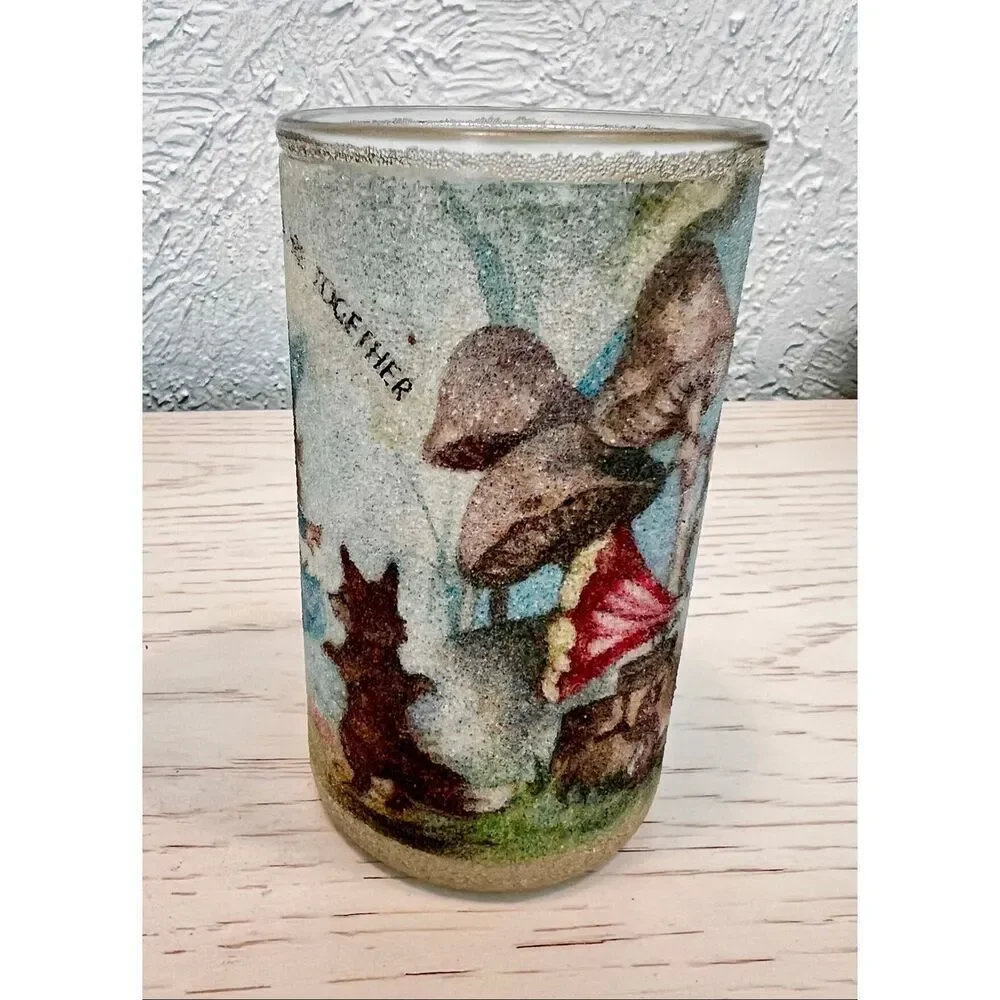 Vintage 5” Frosted Glass Woodland Art Friendship Votive Candle Holder (1980s)